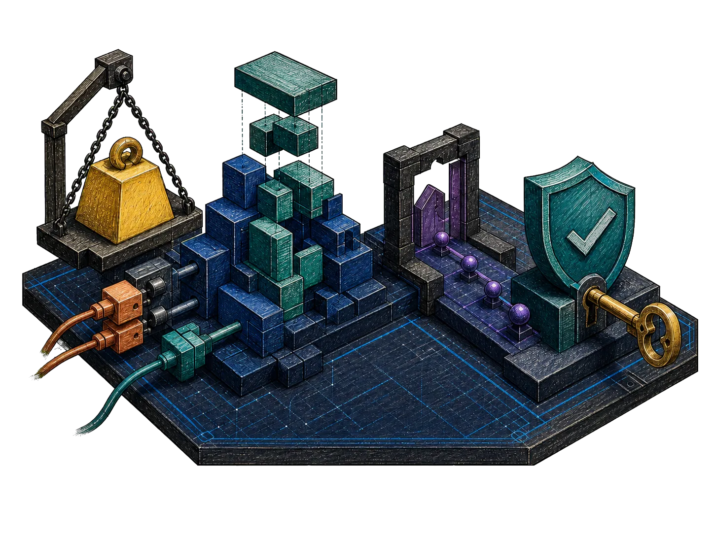 A software build takes shape on a measured drafting platform, moving from constraints and architecture through milestones to acceptance and ownership.